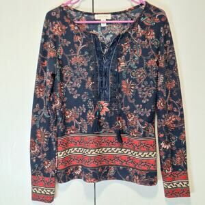 Vintage America Blue Boho Floral Blouse with Tassels